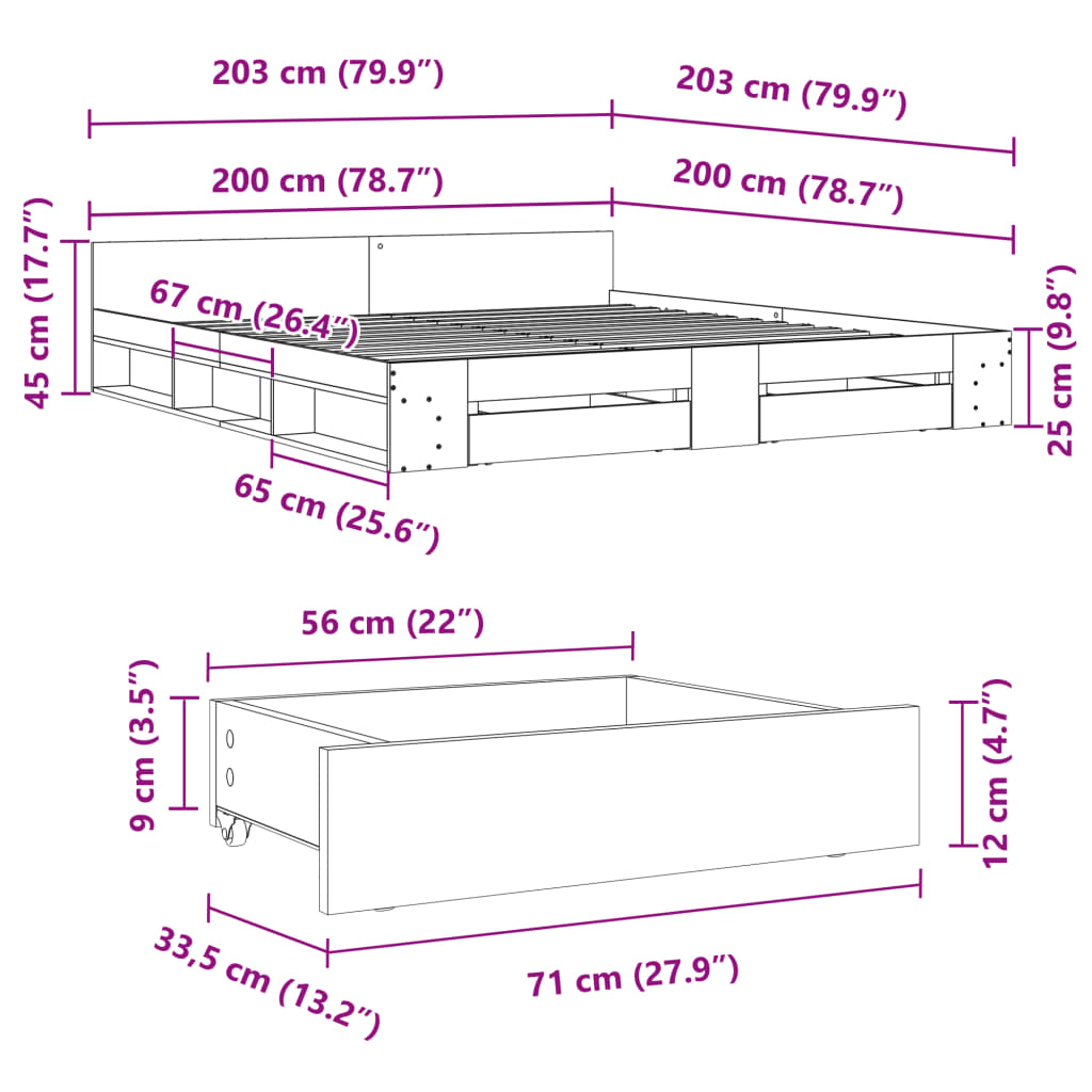 Cadre de lit avec tiroirs sans matelas noir 200x200 cm