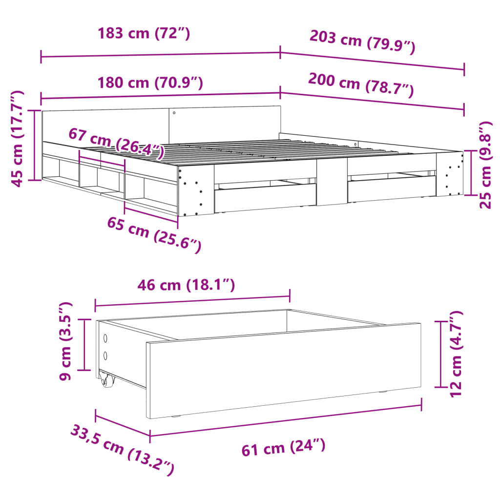 Cadre de lit avec tiroirs sans matelas blanc 180x200 cm