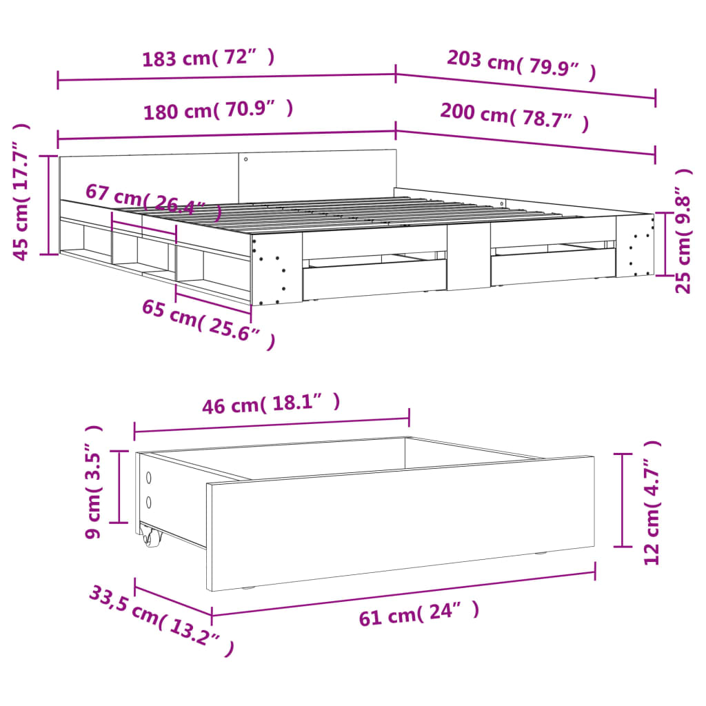 Cadre de lit avec tiroirs sans matelas sonoma gris 180x200 cm