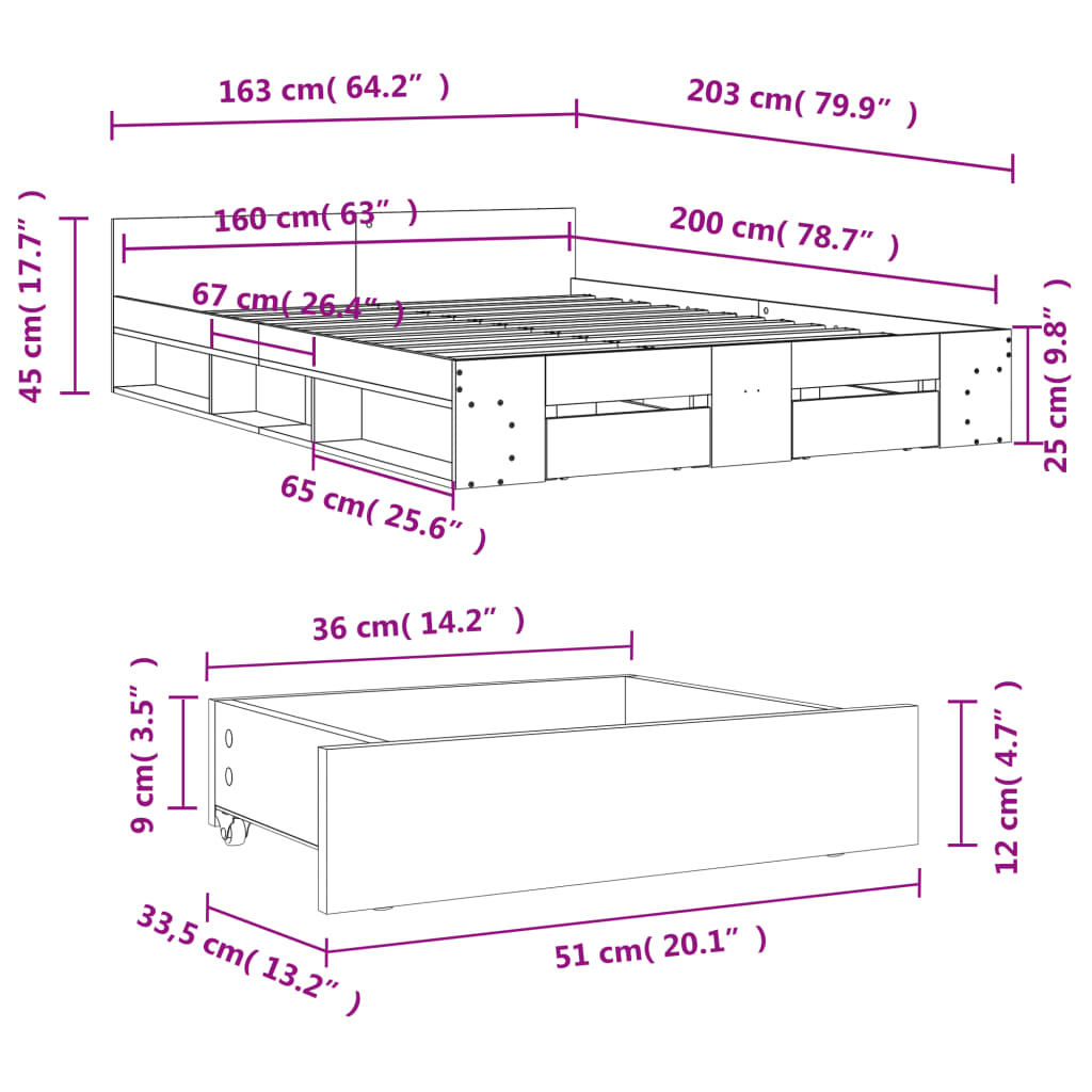 Cadre de lit avec tiroirs sans matelas gris béton 160x200 cm