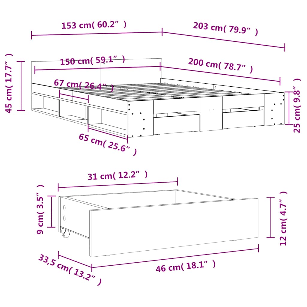 Cadre de lit avec tiroirs sans matelas chêne sonoma 150x200 cm