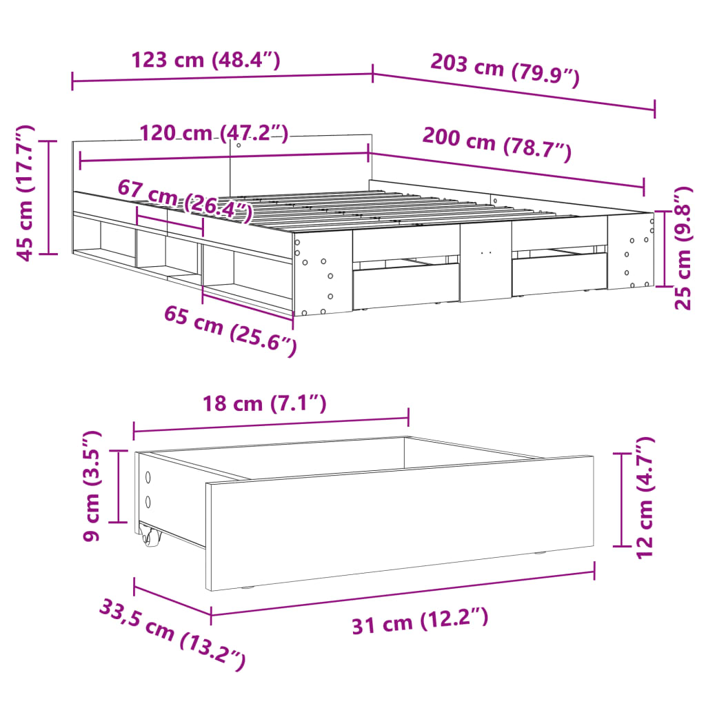 Cadre de lit avec tiroirs sans matelas chêne fumé 120x200 cm