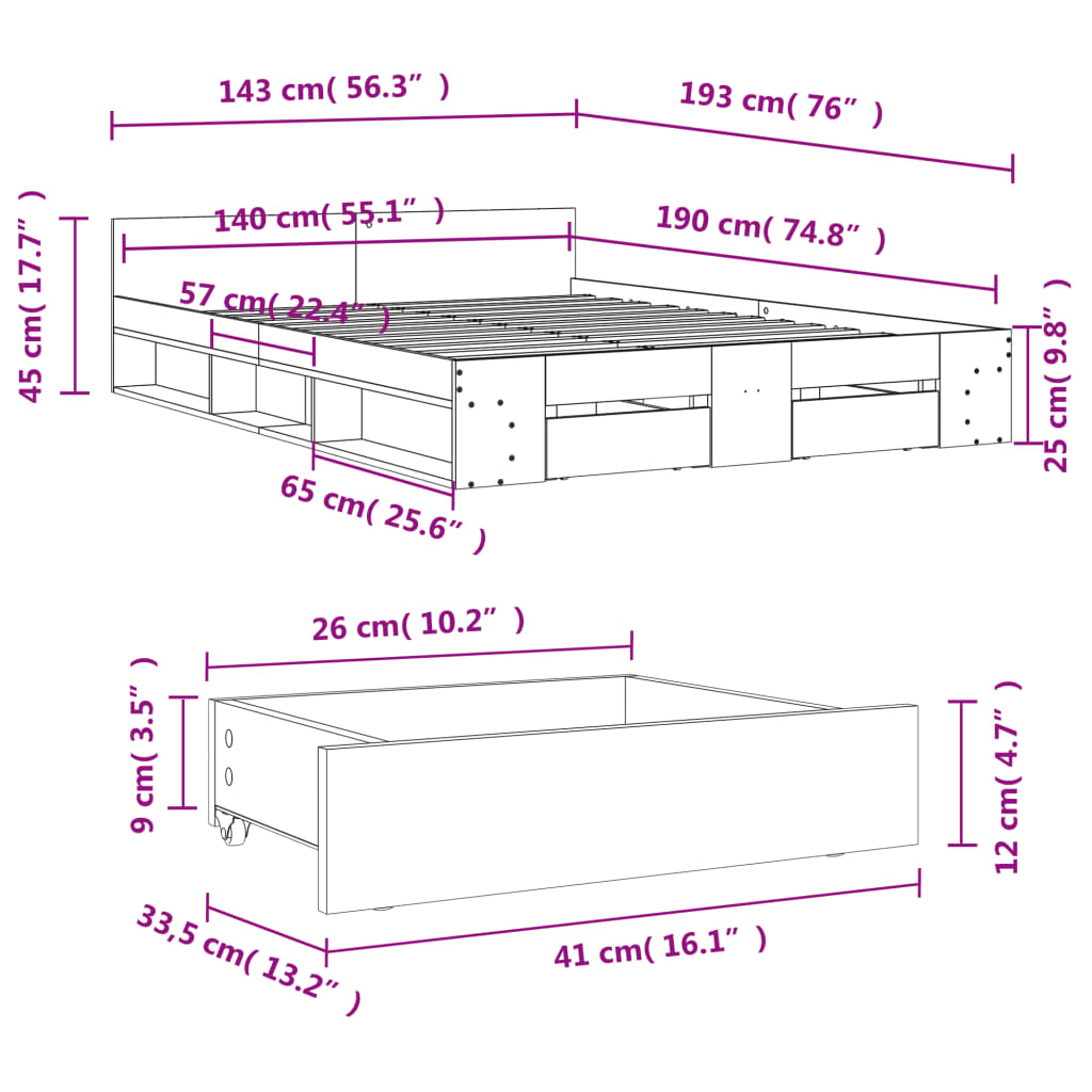 Cadre de lit avec tiroirs sans matelas blanc 140x190 cm