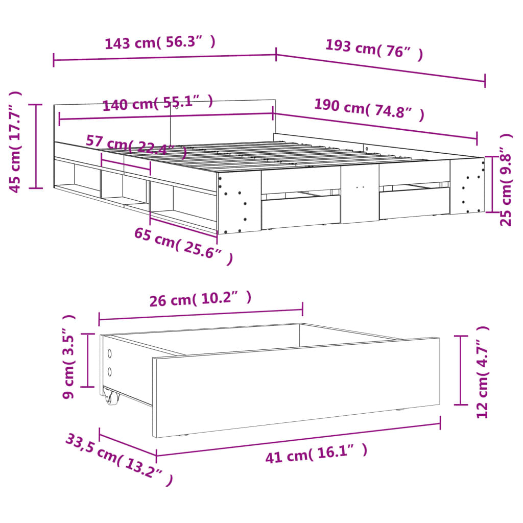 Cadre de lit avec tiroirs sans matelas gris béton 140x190 cm