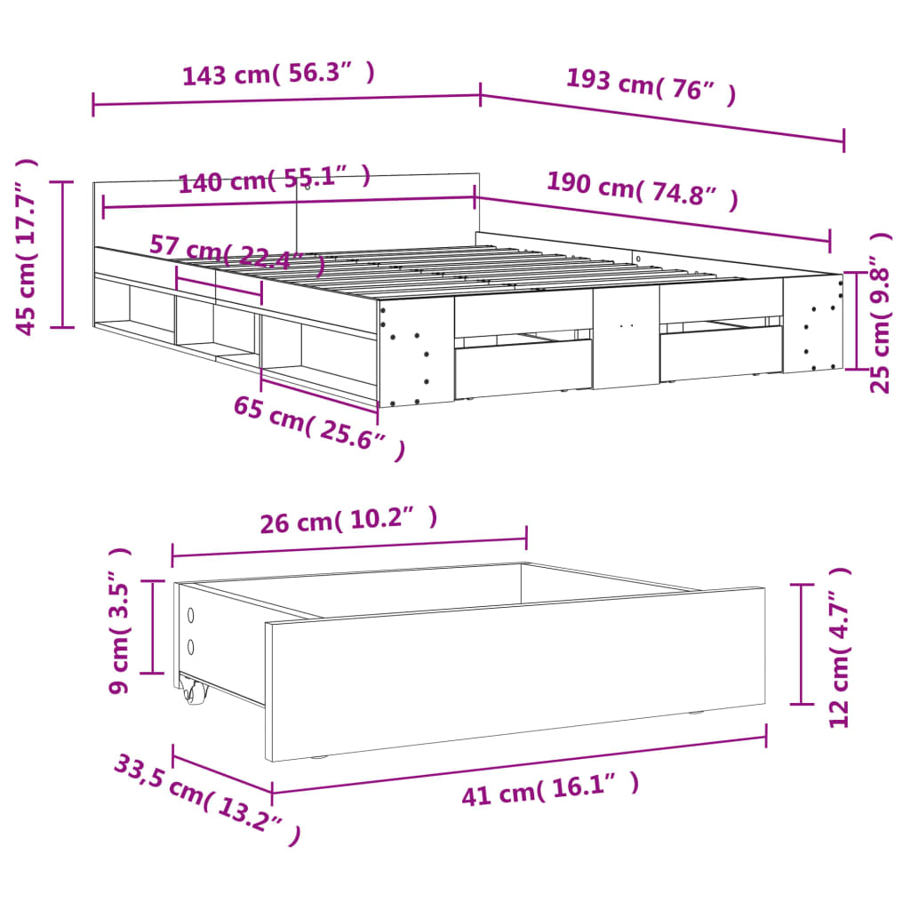 Cadre de lit avec tiroirs sans matelas sonoma gris 140x190 cm