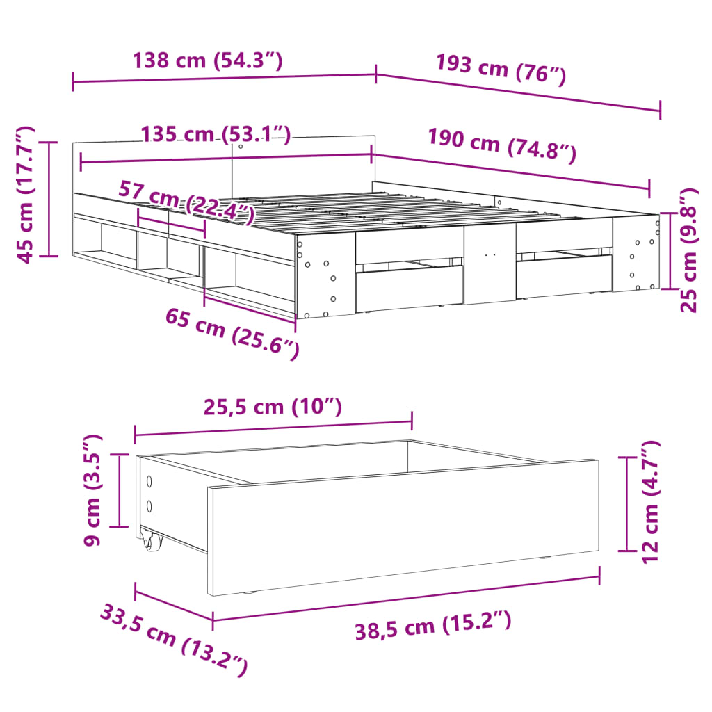 Cadre de lit avec tiroirs sans matelas blanc 135x190 cm