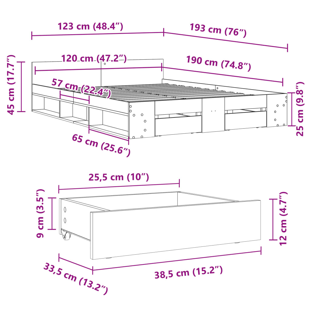 Cadre de lit avec tiroirs sans matelas blanc 120x190 cm