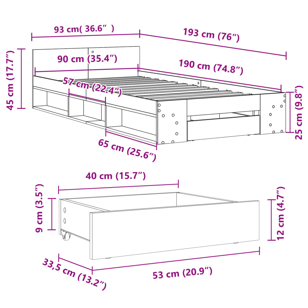 Cadre de lit avec tiroir sans matelas blanc 90x190 cm