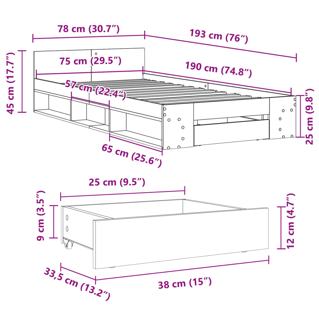 Cadre de lit avec tiroir sans matelas blanc 75x190 cm