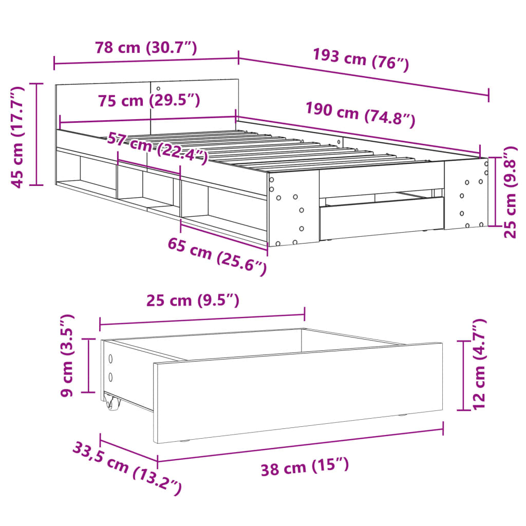 Cadre de lit avec tiroir sans matelas chêne sonoma 75x190 cm