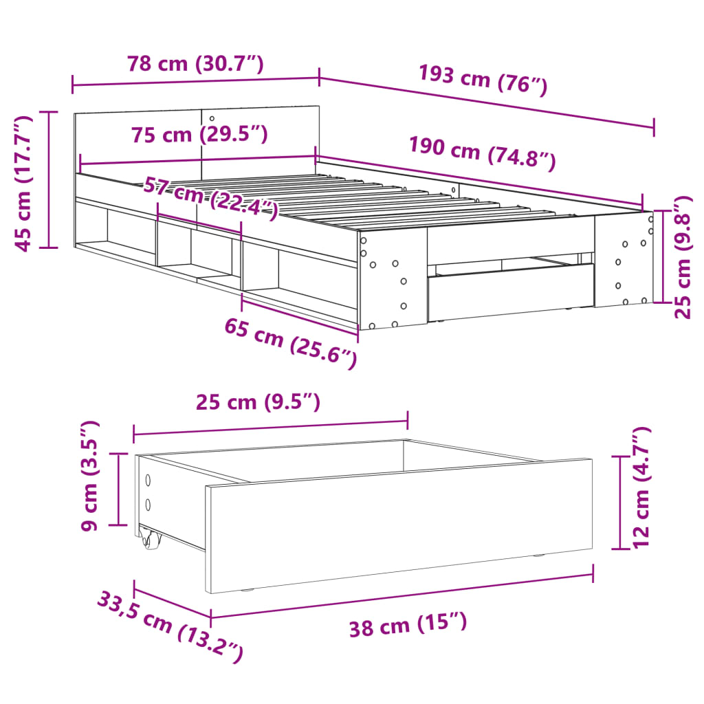 Cadre de lit avec tiroir sans matelas chêne fumé 75x190 cm