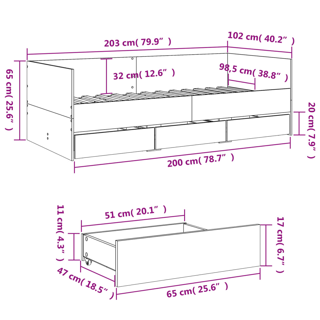 Day bed with drawers without mattress sonoma oak 100x200 cm