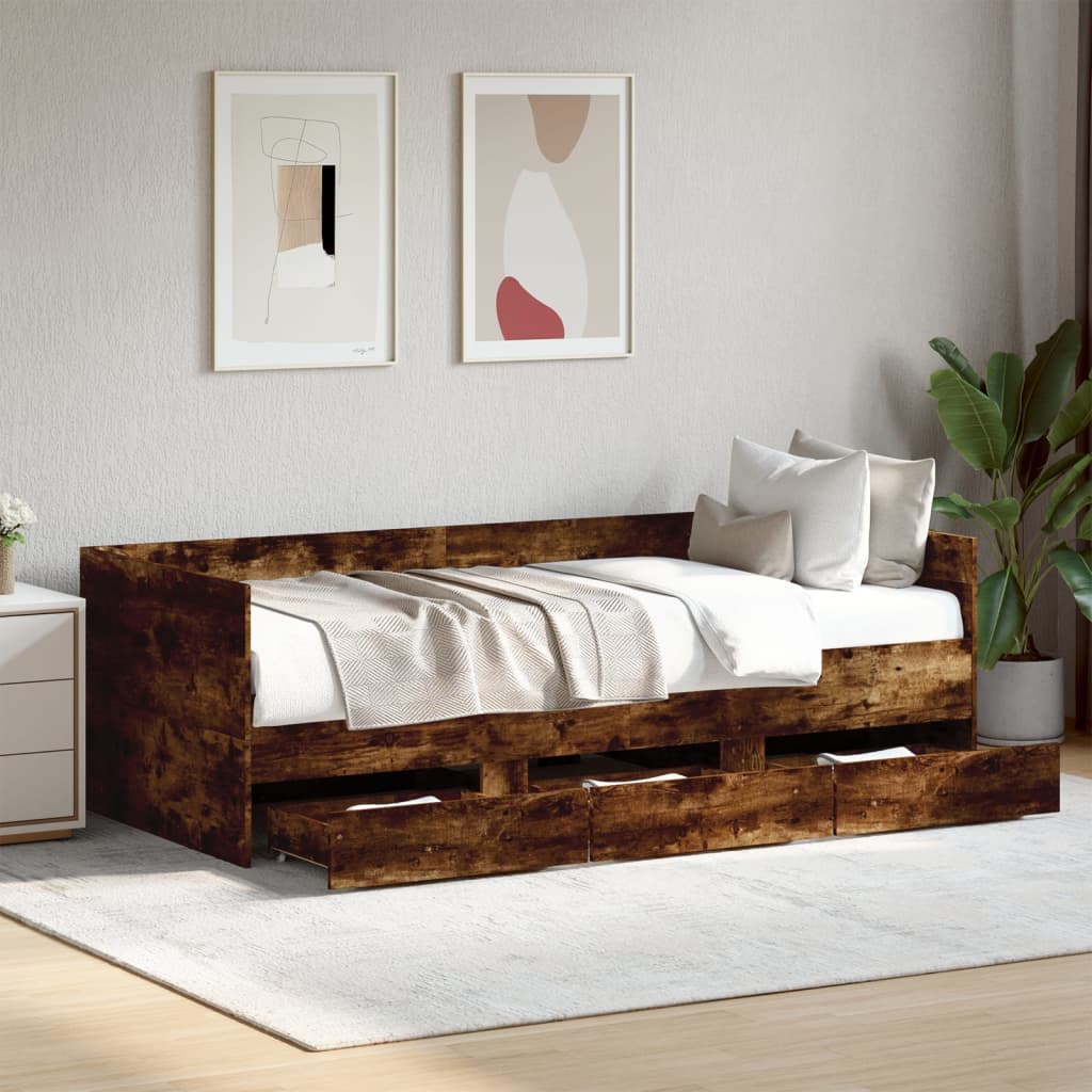 Day bed with drawers without mattress smoked oak 90x200 cm