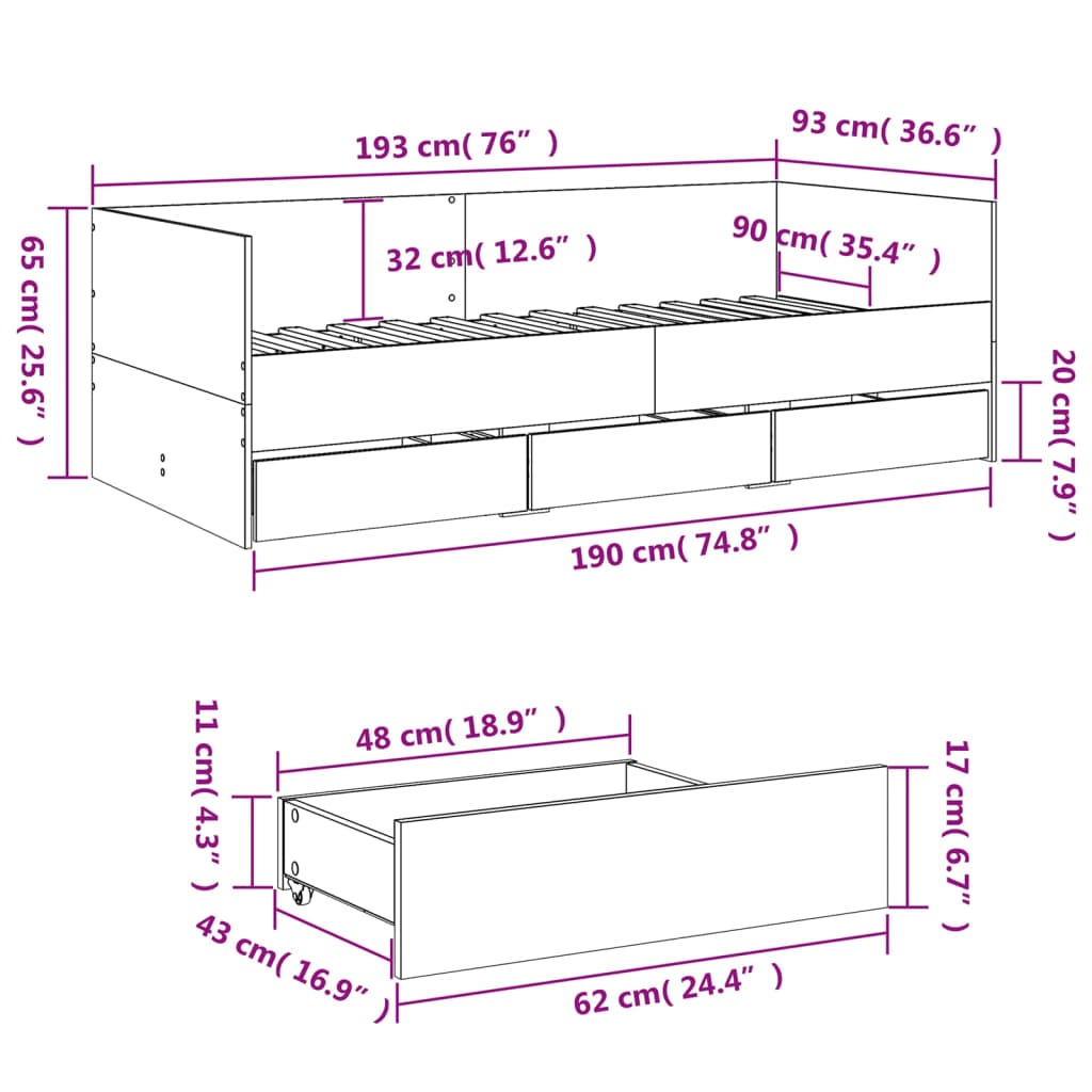 Day bed with drawers without mattress white 90x190 cm