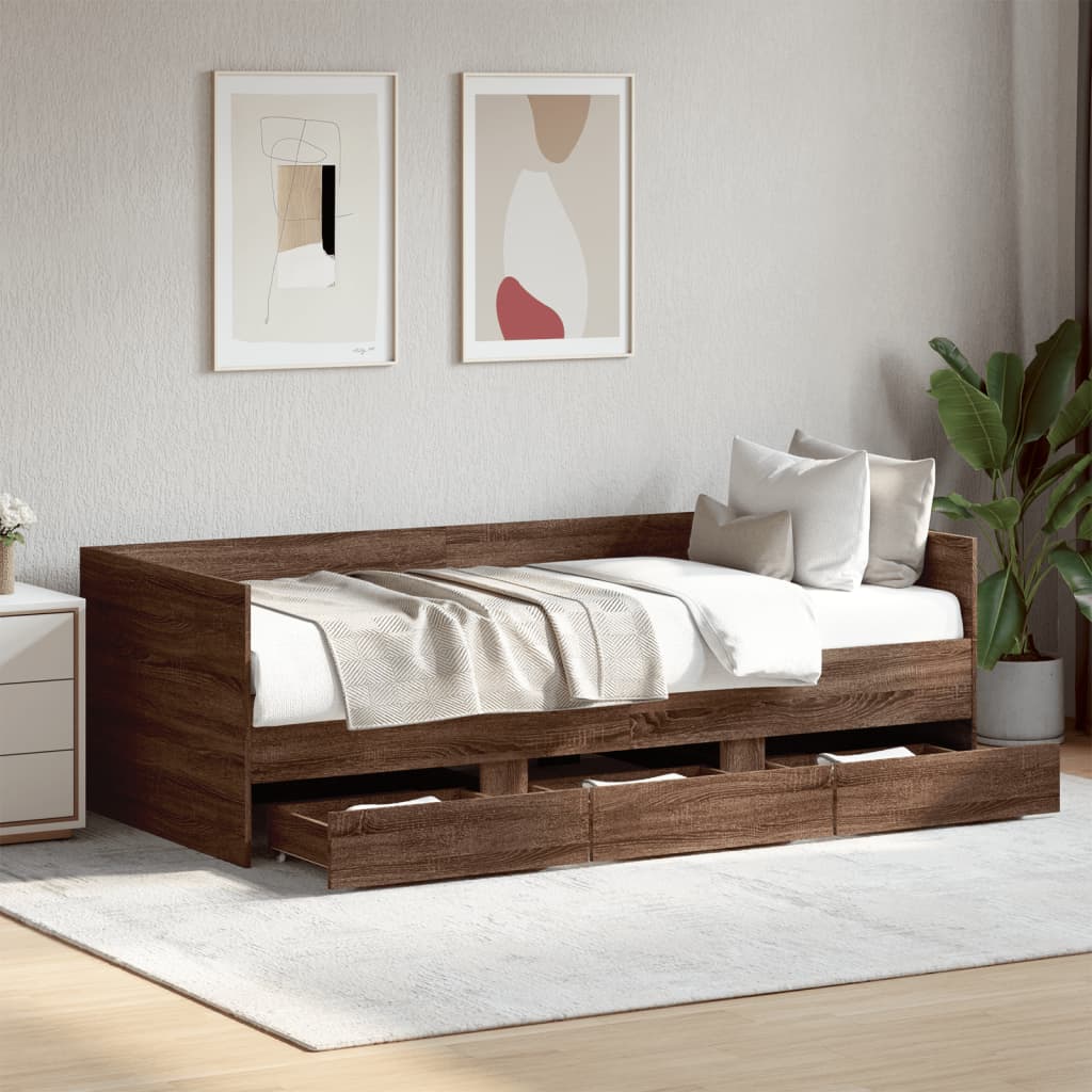 Day bed with drawers without mattress brown oak 75x190 cm