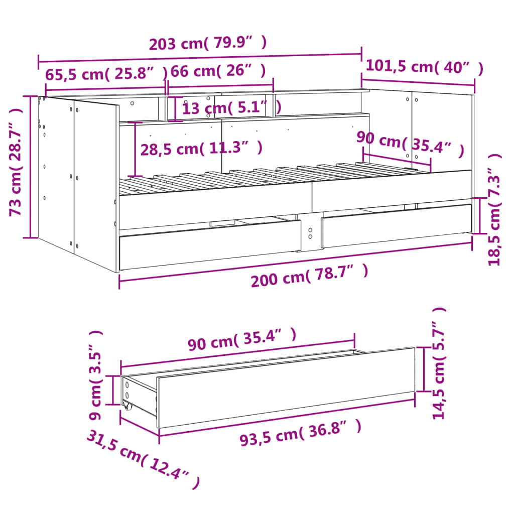 Day bed with drawers without mattress sonoma oak 90x200 cm