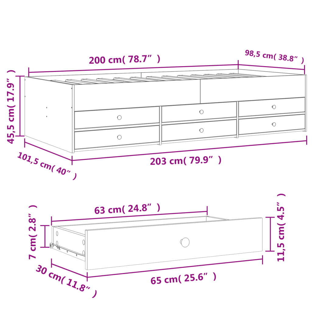 Day bed with drawers without mattress sonoma oak 100x200 cm