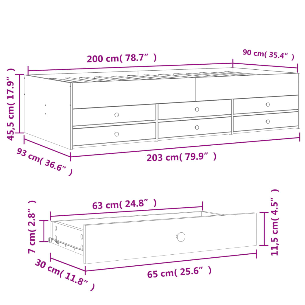 Day bed with drawers without mattress sonoma oak 90x200 cm