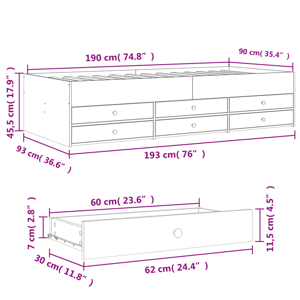 Day bed with drawers without mattress white 90x190 cm