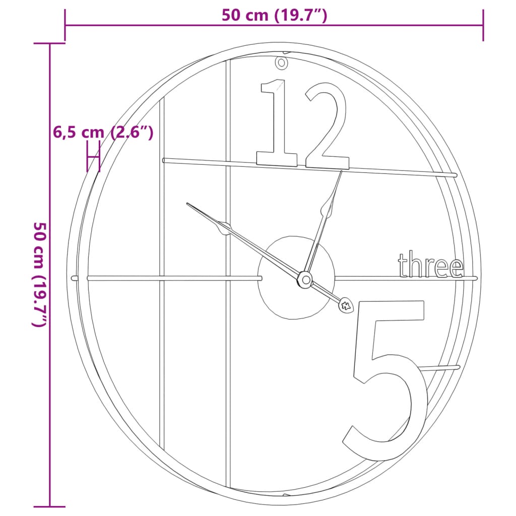 Schwarze Wanduhr Ø50 cm aus Eisen