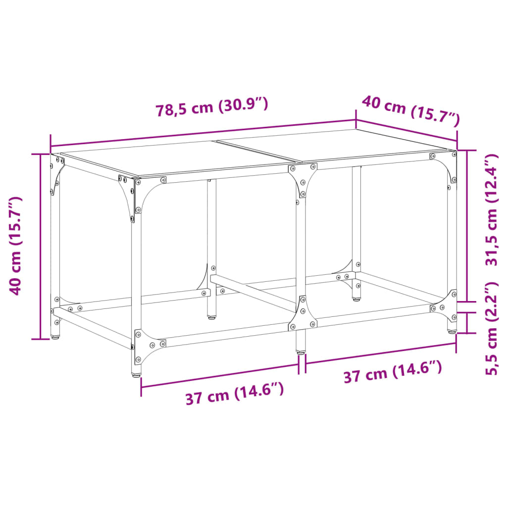 Table basse avec dessus en verre transparent 78,5x40x40cm acier