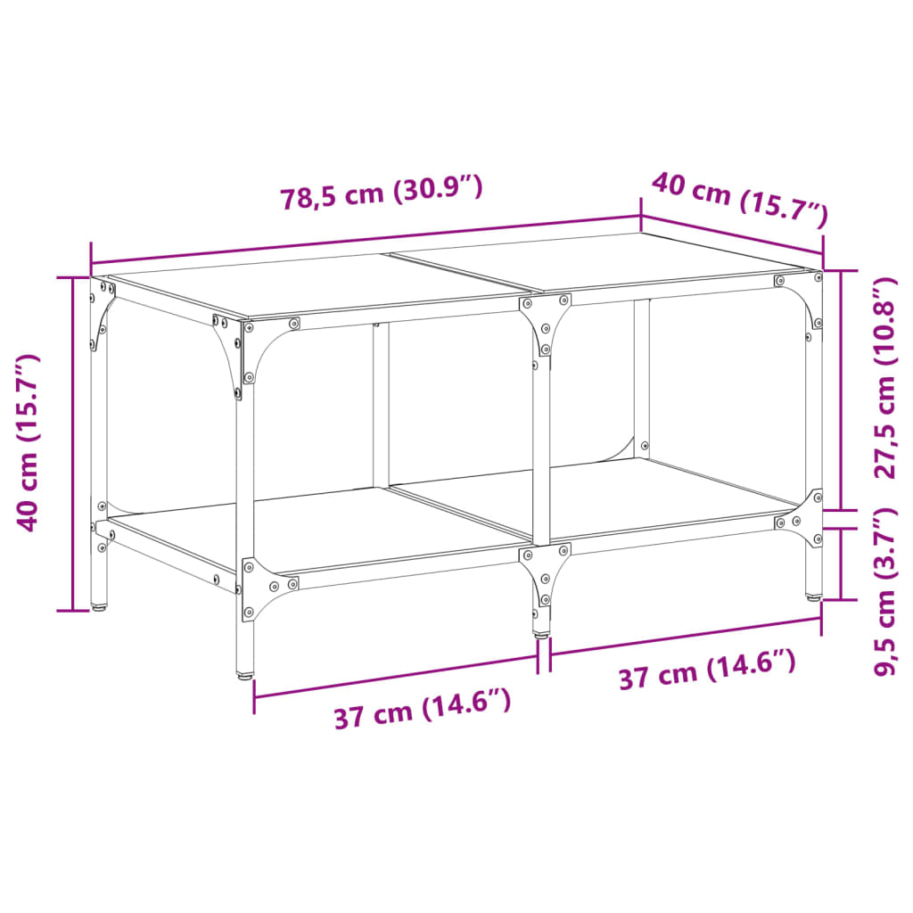 Table basse avec dessus en verre transparent 78,5x40x40cm acier