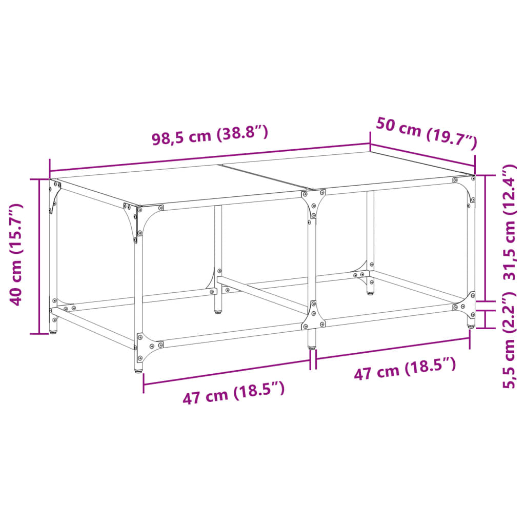 Table basse avec dessus en verre noir 98,5x50x40 cm acier