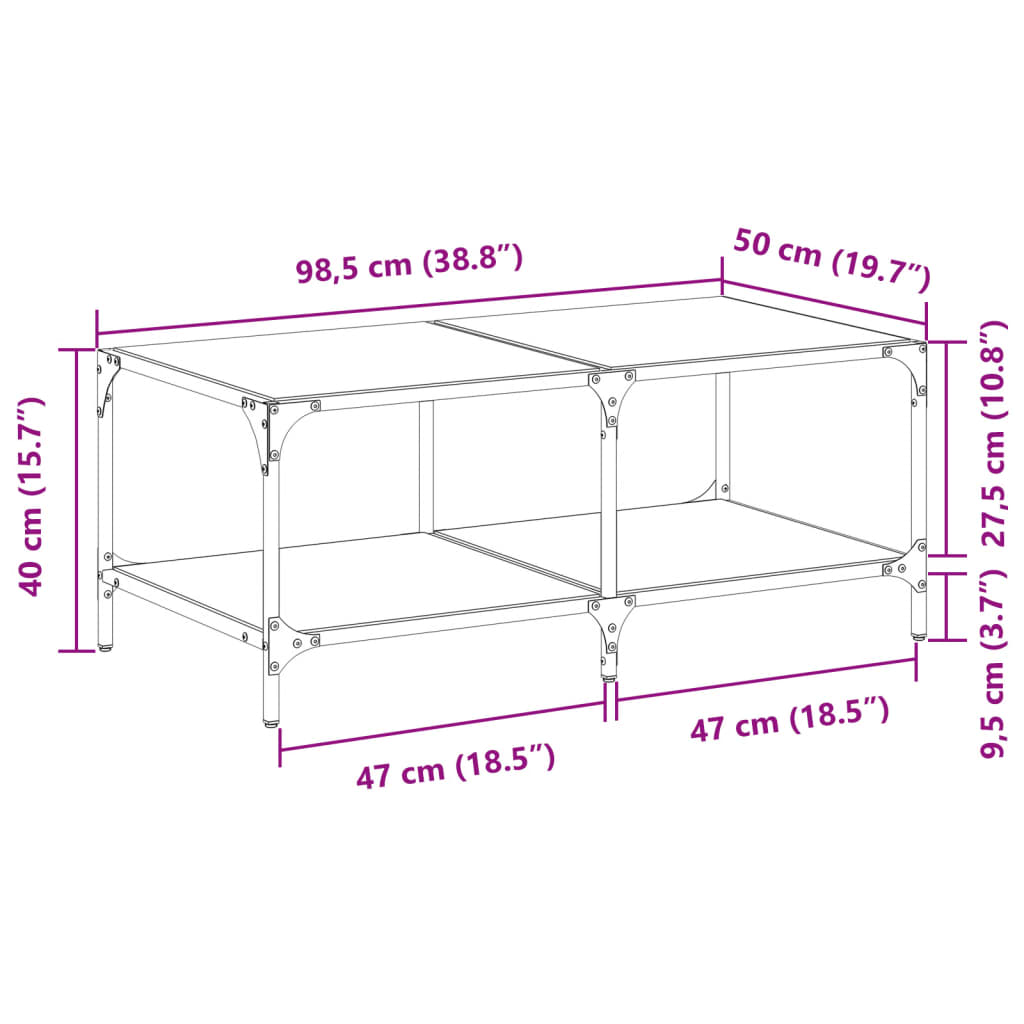 Table basse avec dessus en verre noir 98,5x50x40 cm acier