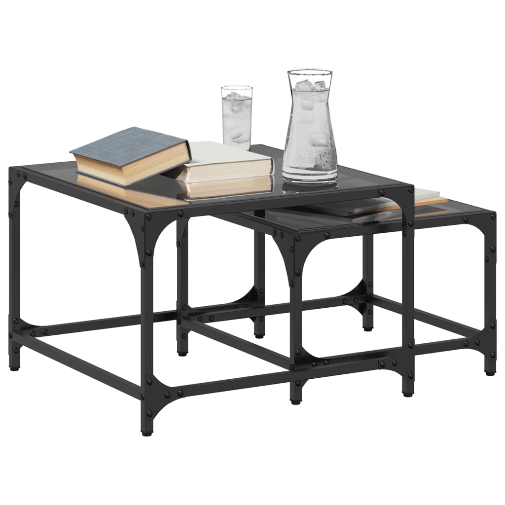 Nesting Coffee Tables 2 pcs Black Glass Top Steel