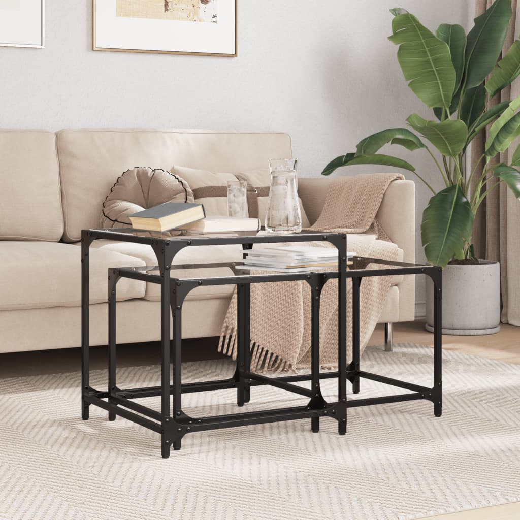 Nesting coffee tables 2 pcs clear glass top steel