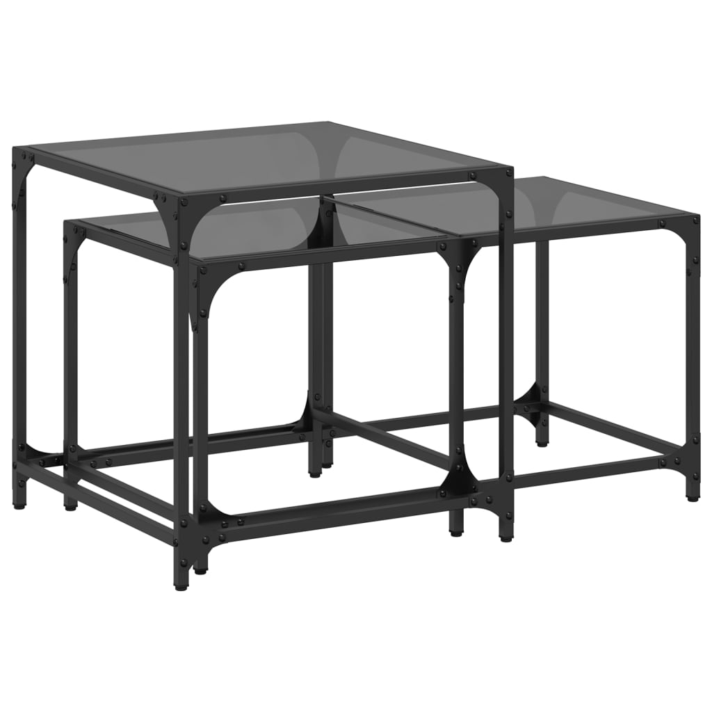 Nesting Coffee Tables 2 pcs Black Glass Top Steel