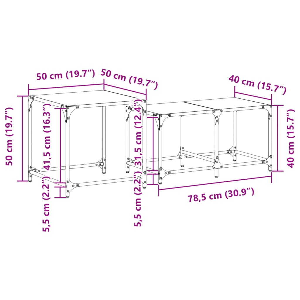 Nesting Coffee Tables 2 pcs Black Glass Top Steel