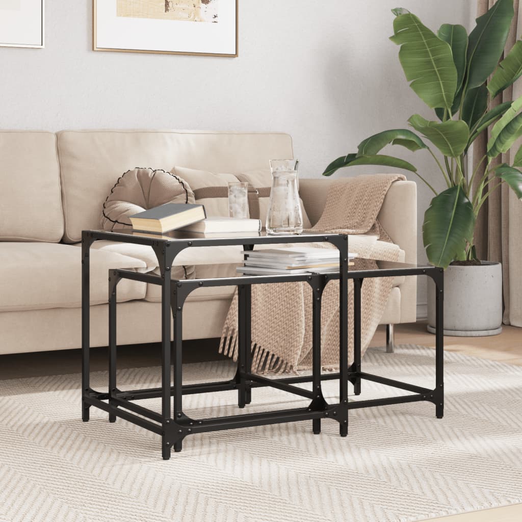 Nesting Coffee Tables 2 pcs Black Glass Top Steel