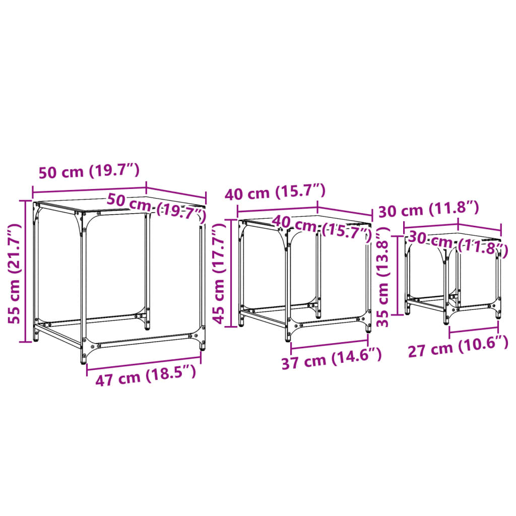 Tables basses gigognes 3 pcs dessus en verre transparent acier