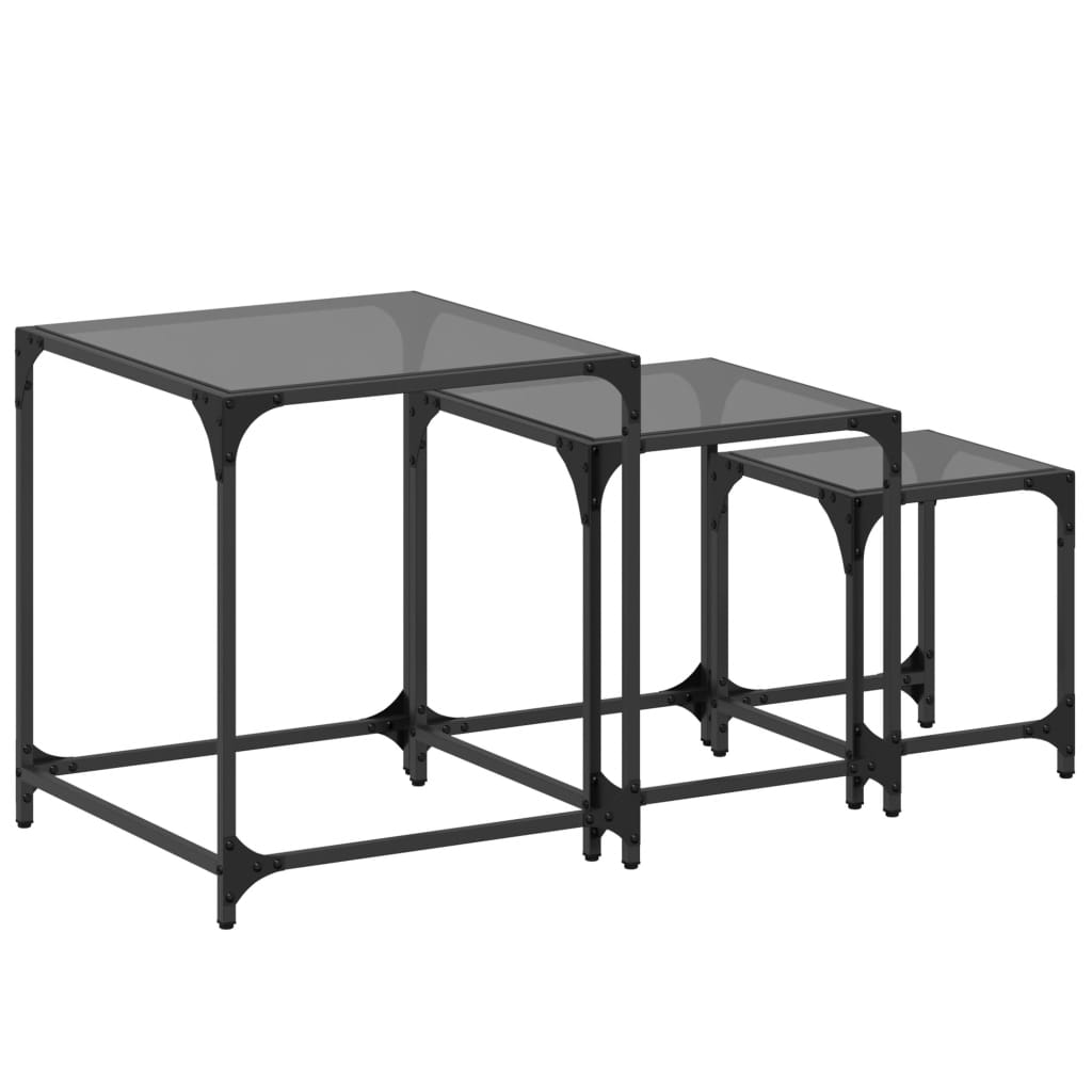 3 pcs nesting coffee tables black glass top steel