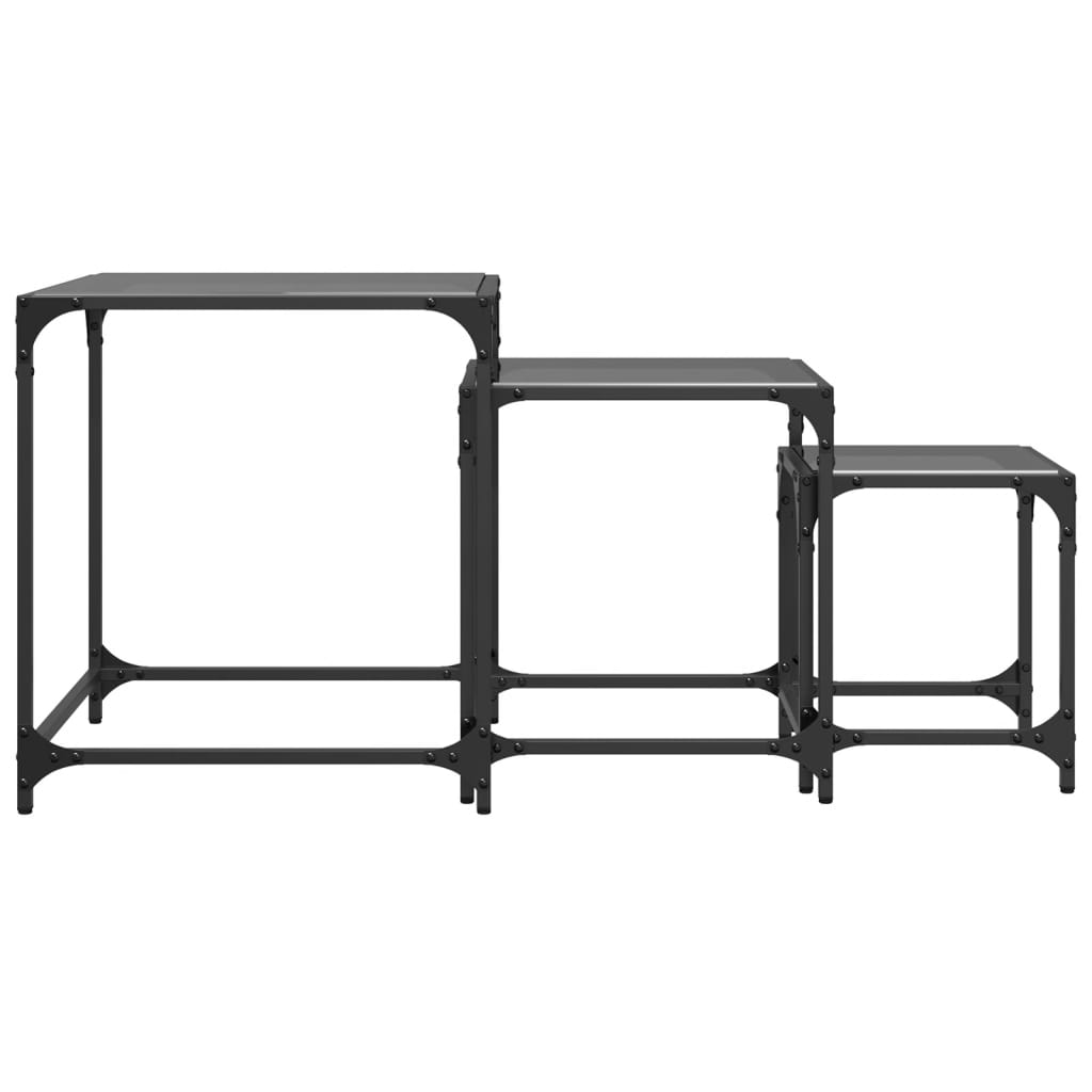 Tables basses gigognes 3 pcs dessus en verre noir acier