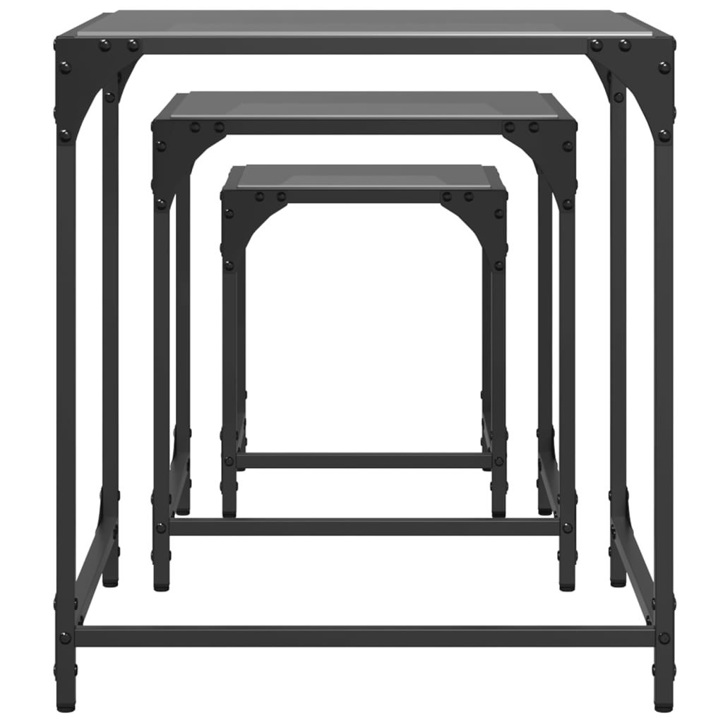 3 pcs nesting coffee tables black glass top steel