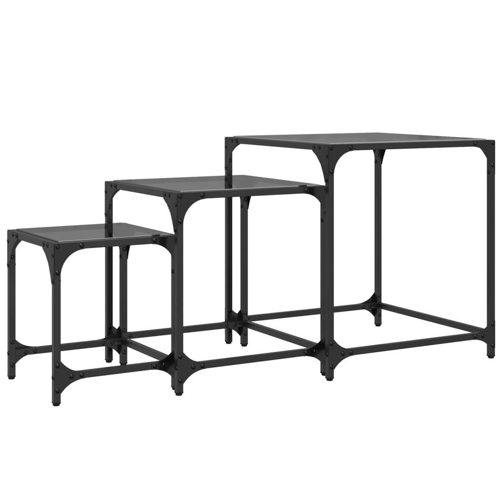 3 pcs nesting coffee tables black glass top steel