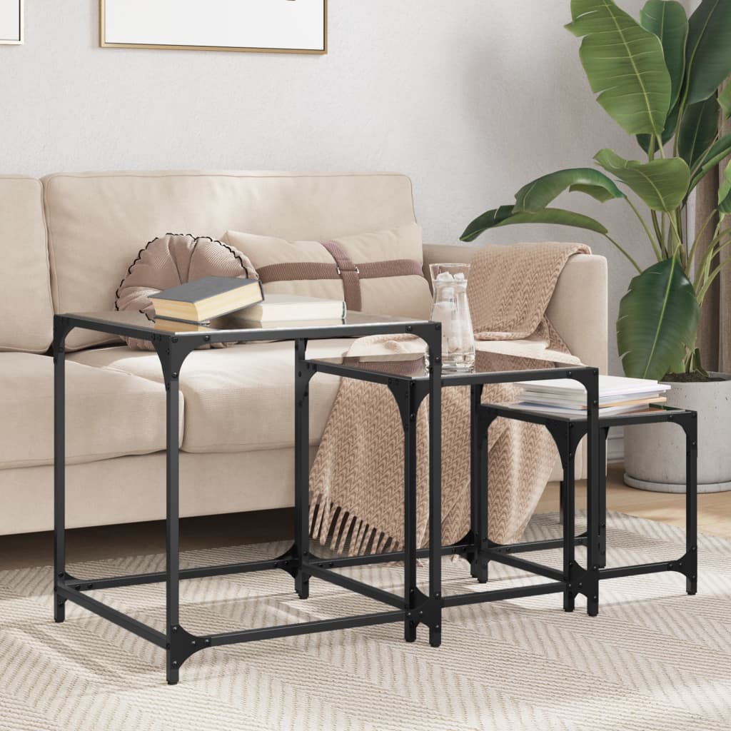 3 pcs nesting coffee tables black glass top steel