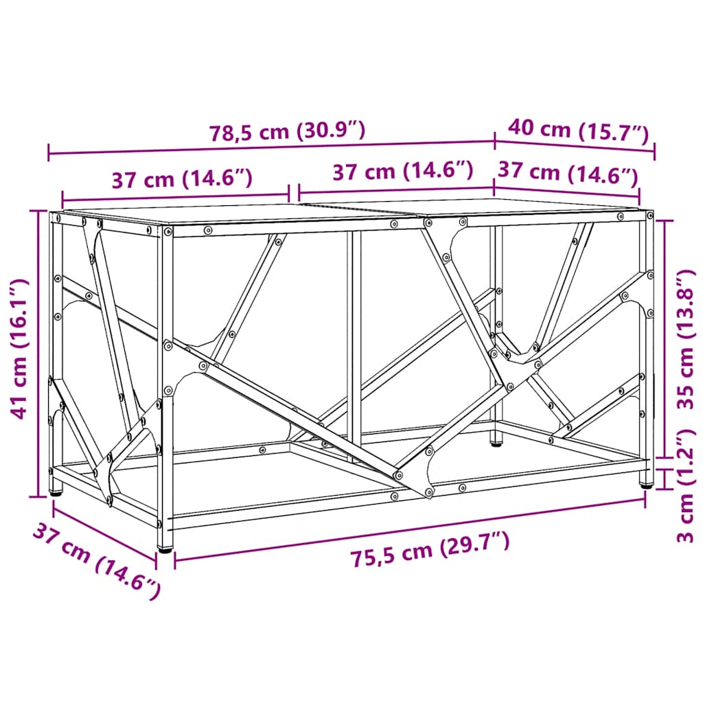 Coffee table with black glass top 78.5x40x41 cm steel