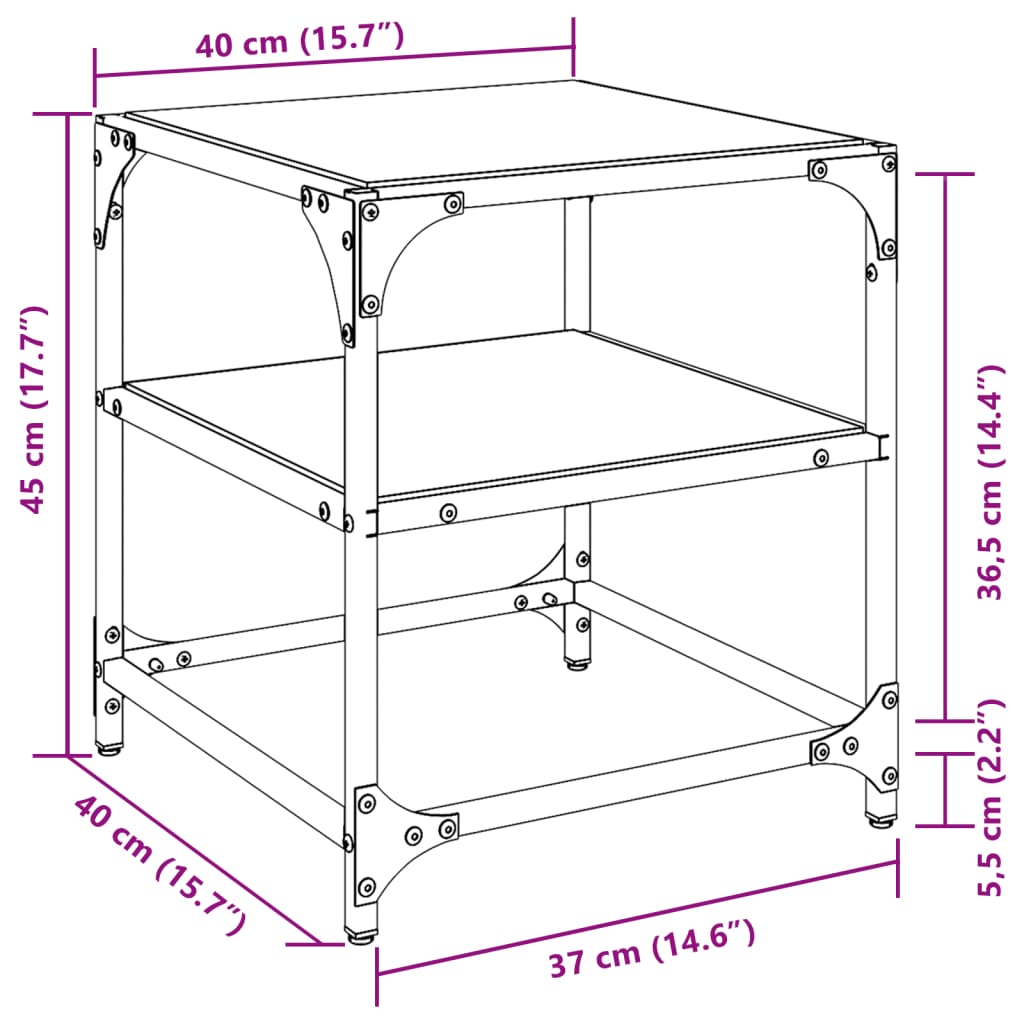 Table basse avec dessus en verre transparent 40x40x45 cm acier