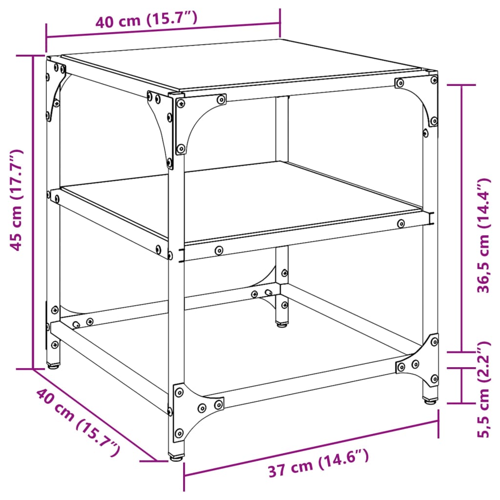 Table basse avec dessus en verre noir 40x40x45 cm acier