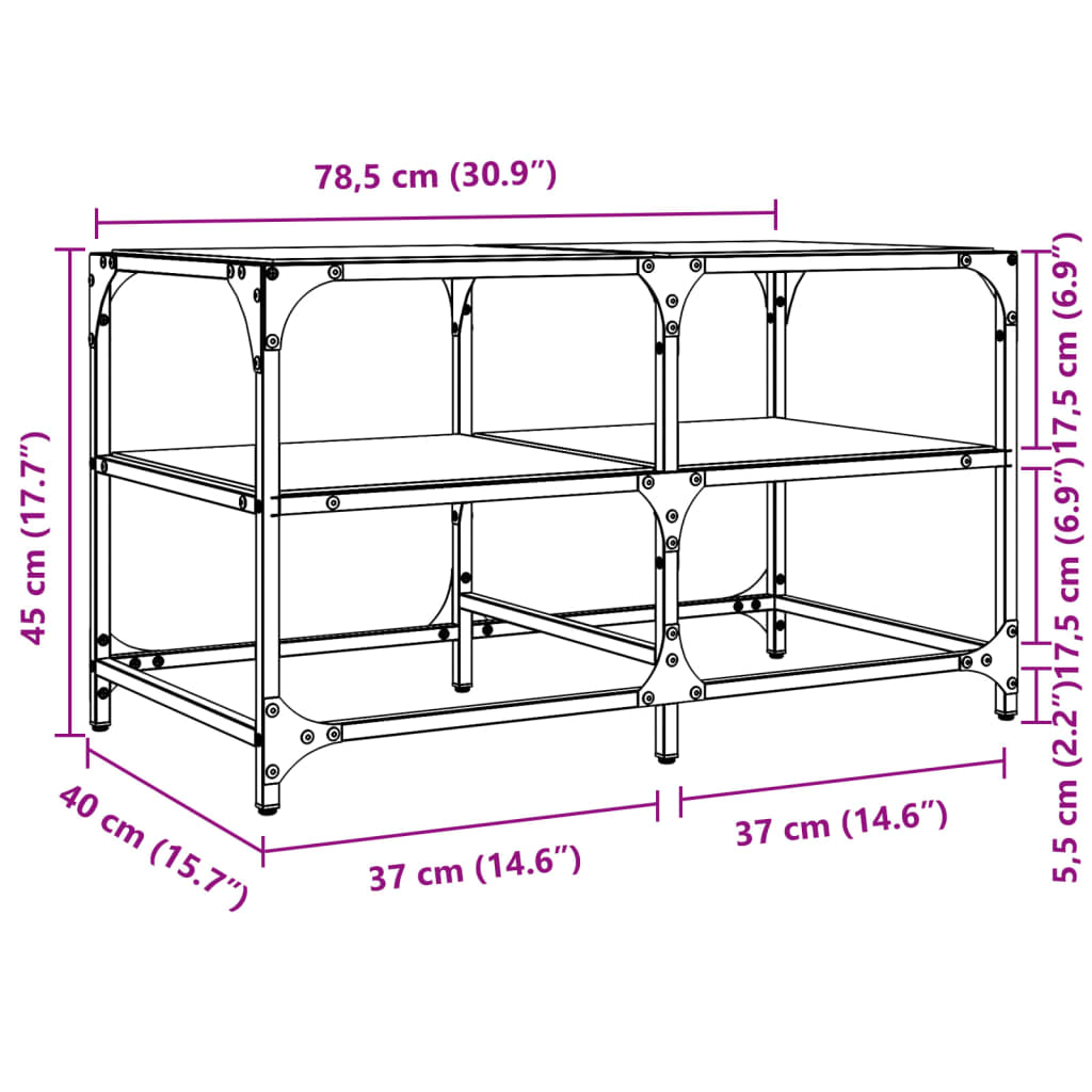 Table basse avec dessus en verre noir 78,5x40x45 cm acier