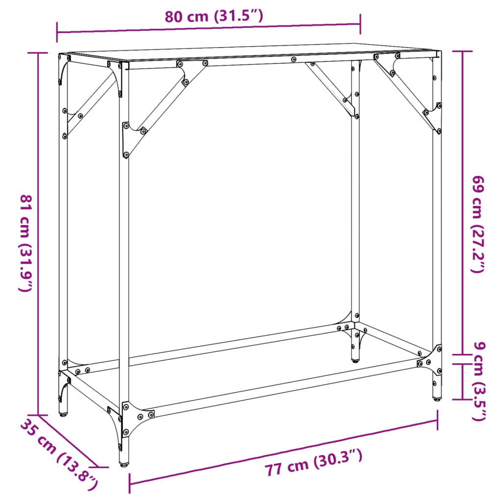 Table console avec dessus en verre noir 80x35x81 cm acier