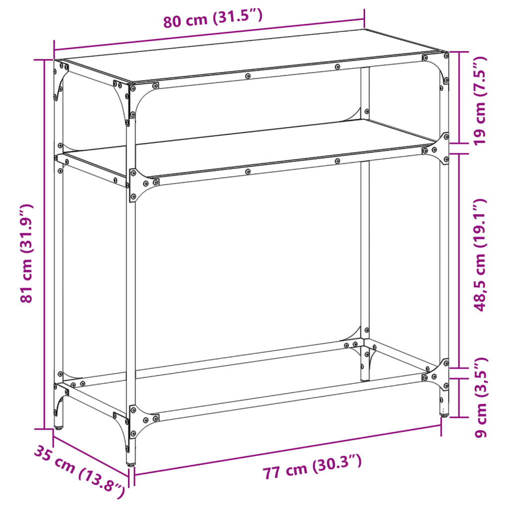 Table console avec dessus en verre transparent 80x35x81cm acier