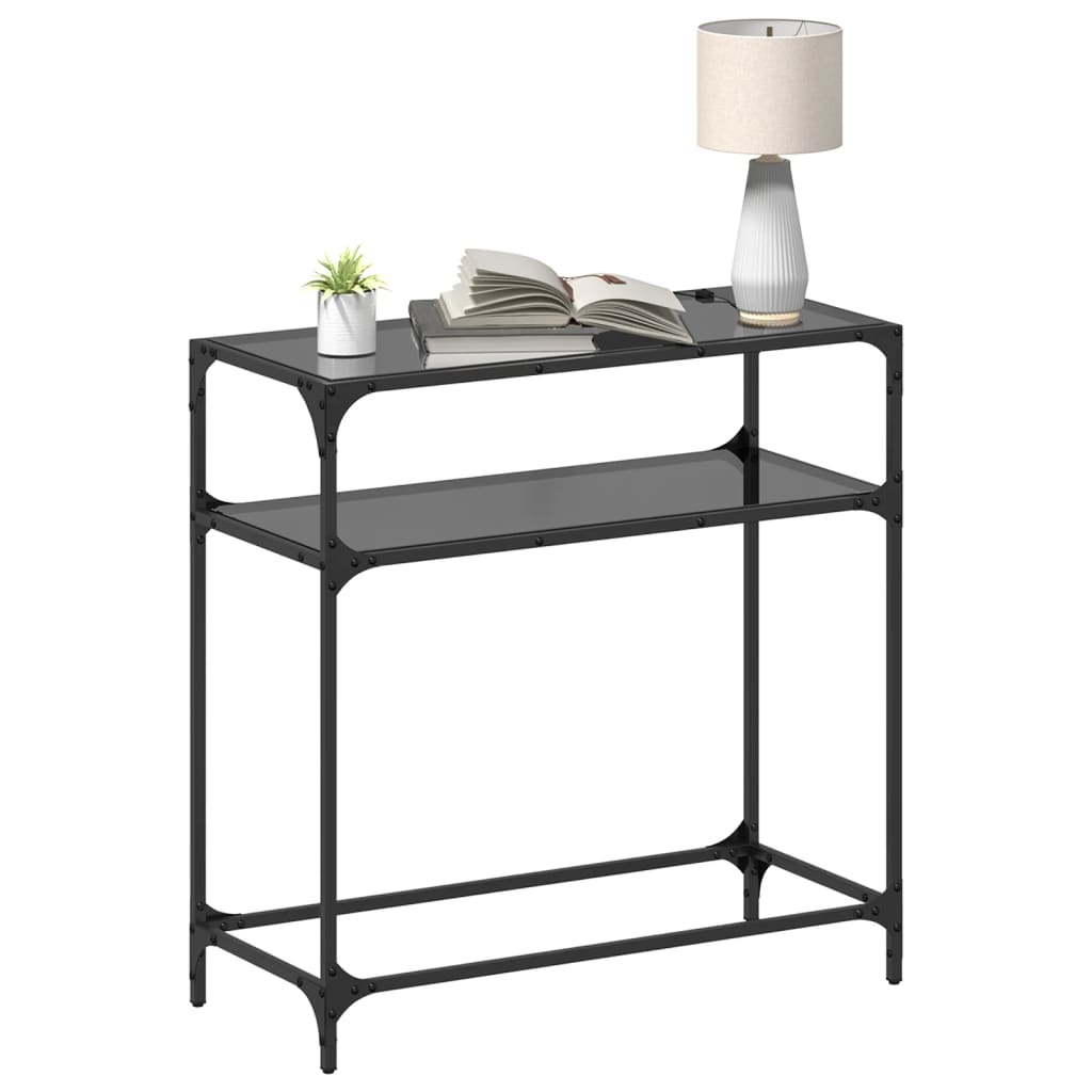 Table console avec dessus en verre noir 80x35x81 cm acier