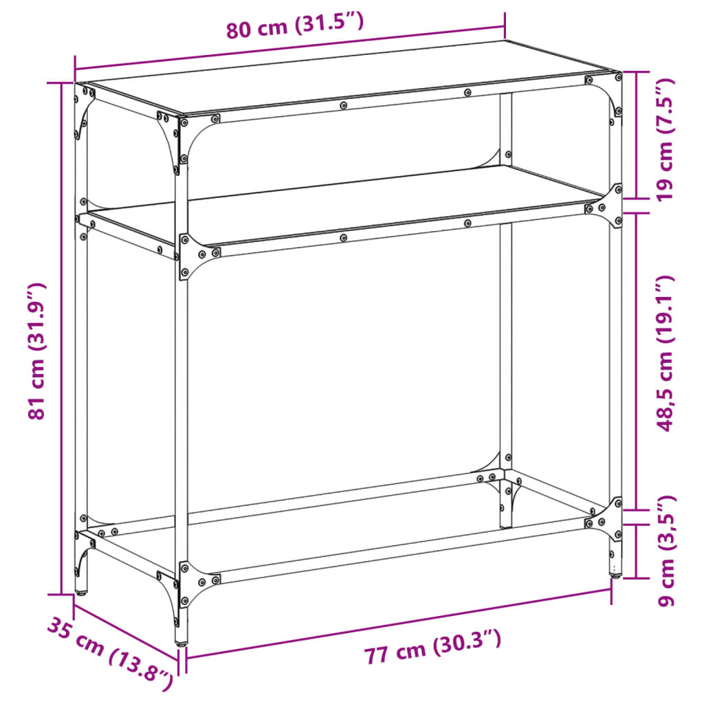 Table console avec dessus en verre noir 80x35x81 cm acier