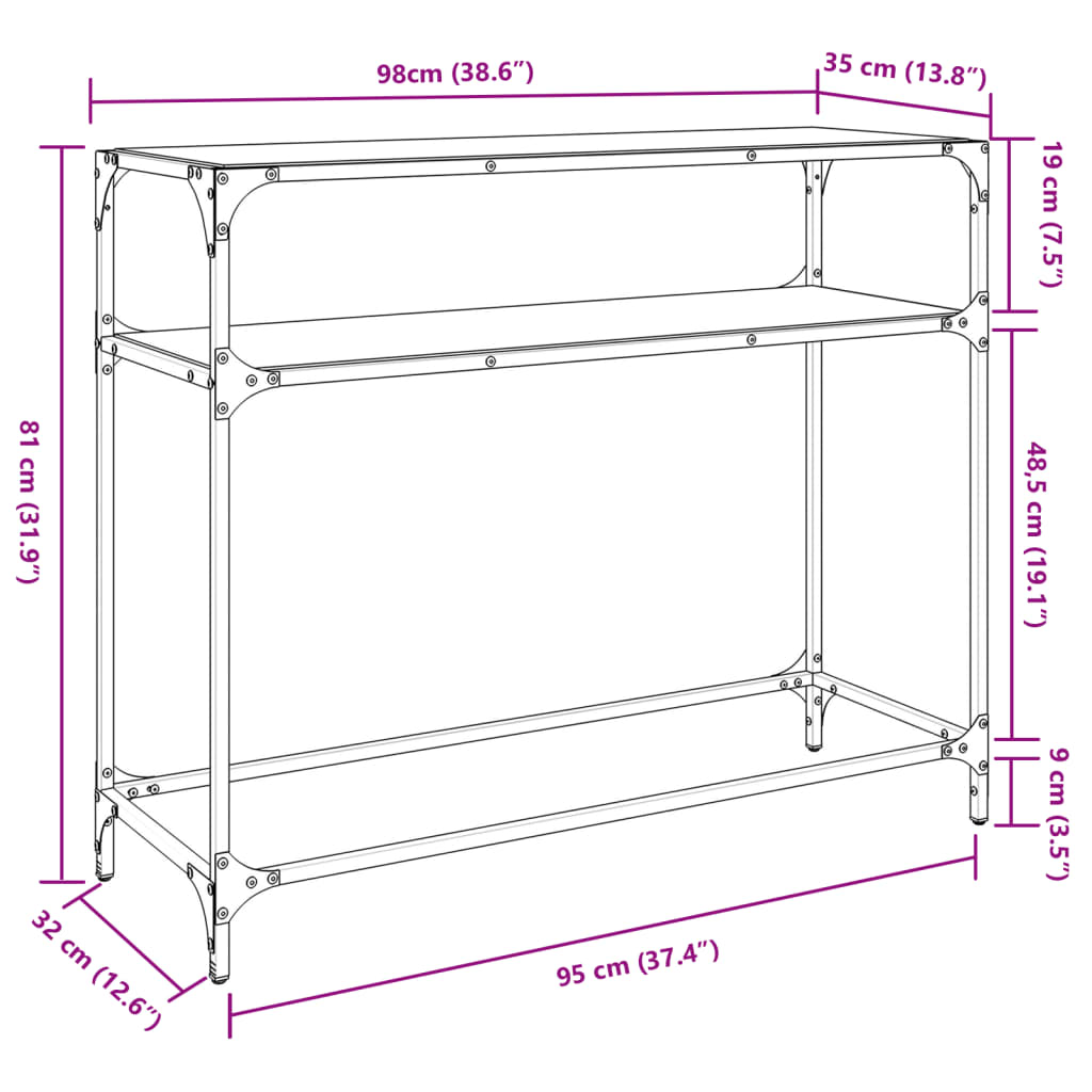 Table console avec dessus en verre transparent 98x35x81cm acier