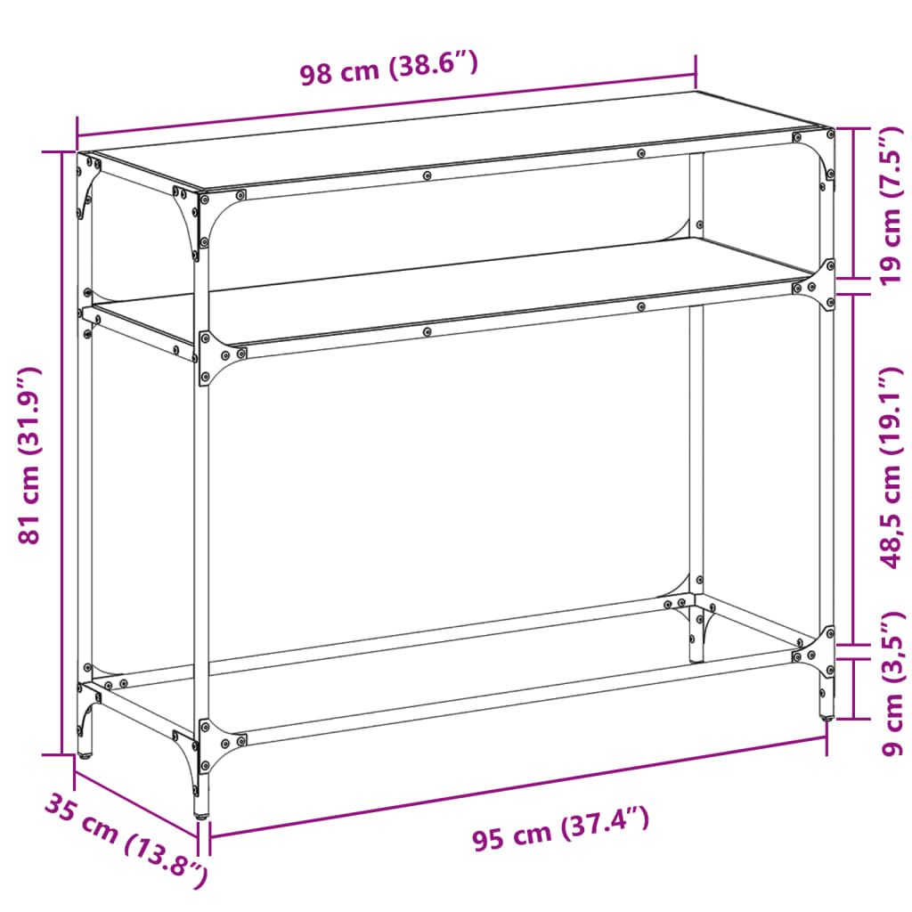 Table console avec dessus en verre noir 98x35x81 cm acier