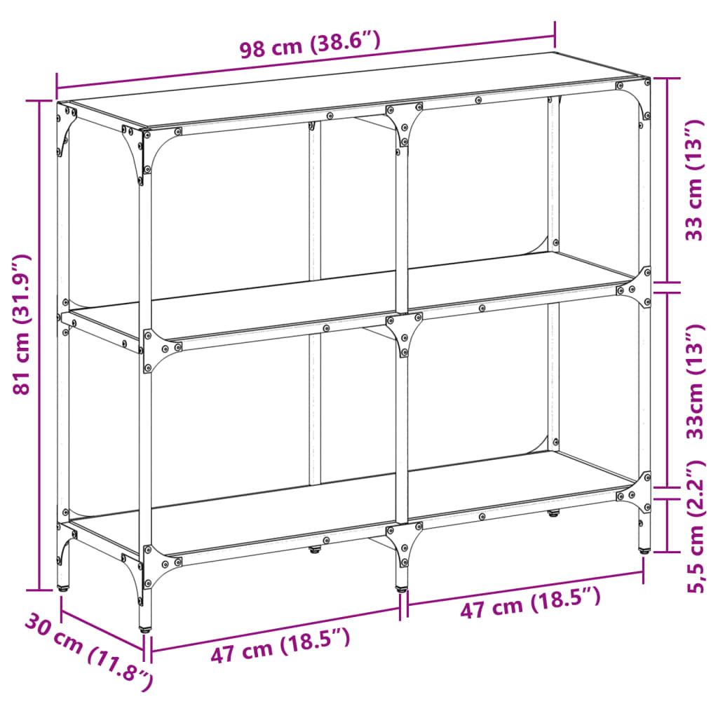 Konsolentisch mit transparenter Glasplatte 98x30x81cm aus Stahl